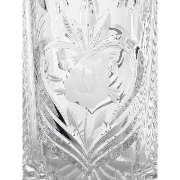 Vintage Heavy Cut-to-Clear Etched/Frosted Rose Heart Floral Crystal Pitcher, 9” - Picture 8 of 9